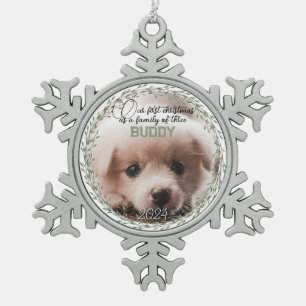 First Christmas new puppy photo family of three Snowflake Pewter Christmas Ornament
