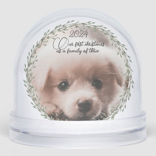 First Christmas new puppy photo family of three Snowglobe (Front)