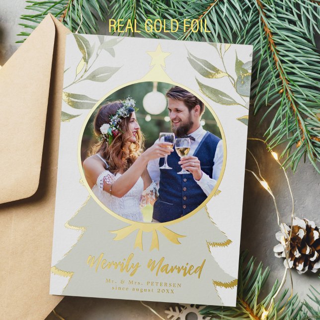 First Christmas newlywed photo sage gold greenery (Creator Uploaded)
