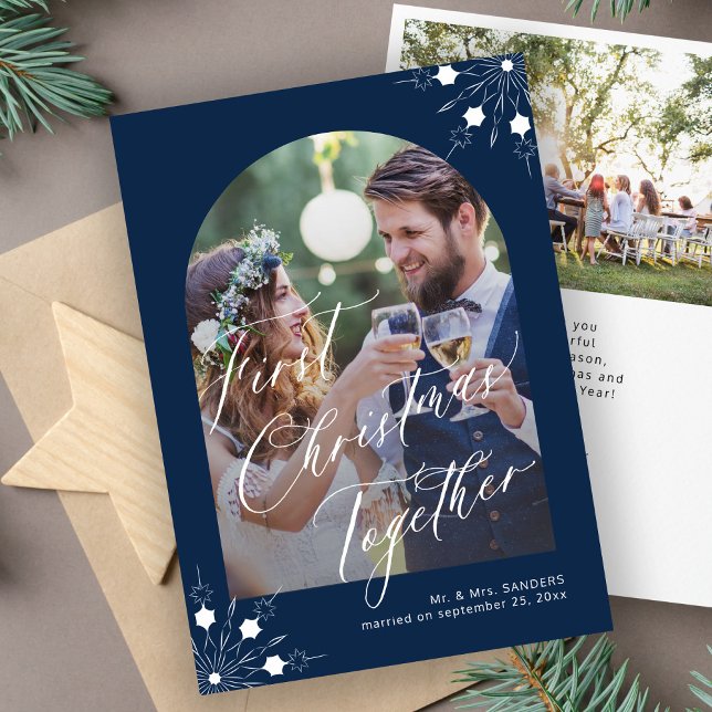 First Christmas newlyweds arch photo snowflakes Holiday Card (Creator Uploaded)