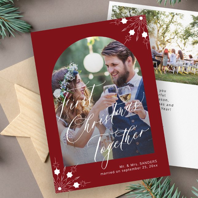 First Christmas newlyweds arch photo snowflakes Holiday Card (Creator Uploaded)