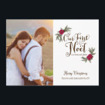 First Christmas Newlyweds Holiday Multi Photo Card<br><div class="desc">Celebrate your first Christmas as newlyweds- a Christmas card with room to share a portrait wedding photo on the front and a full bleed landscape photo on the back. And it doubles as a marriage announcement. These Christmas Cards features pine boughs and flowers to accent your winter wedding pictures.</div>