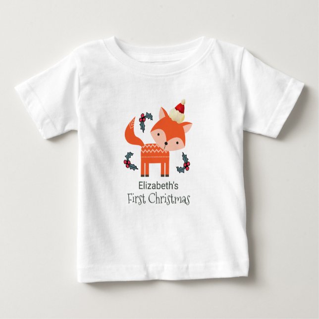 First Christmas Orange Fox In Santa Hat Customised Baby T-Shirt (Front)