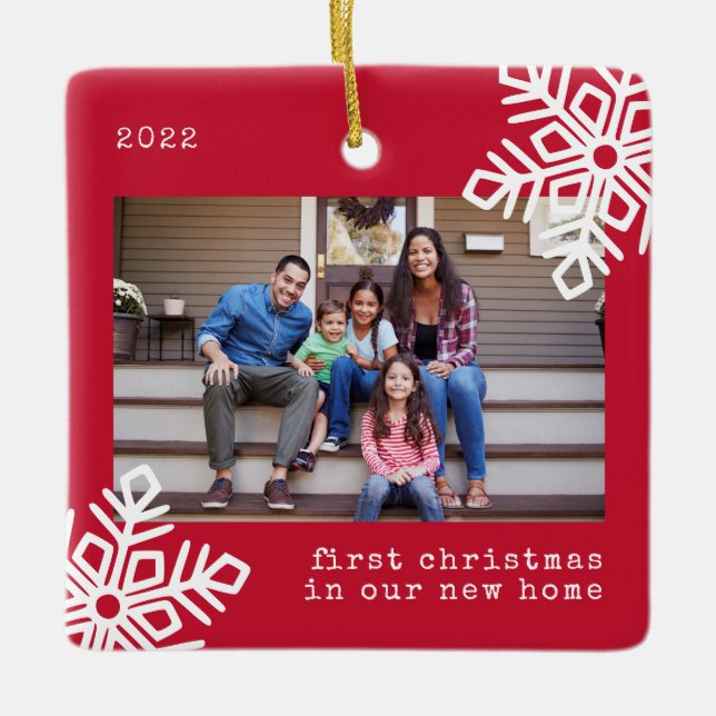 First Christmas Our New Home Red Snowflake Photo Ceramic Ornament (Front)