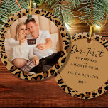 First Christmas Parents to Be Leopard Print Photo Ceramic Tree Decoration<br><div class="desc">First Christmas photo ornament, which you can personalise for a first christmas as parents to be or any other big event. The design is double sided and features leopard print frames with hand lettering. The photo template displays your picture as a round shape and the other side is lettered with...</div>