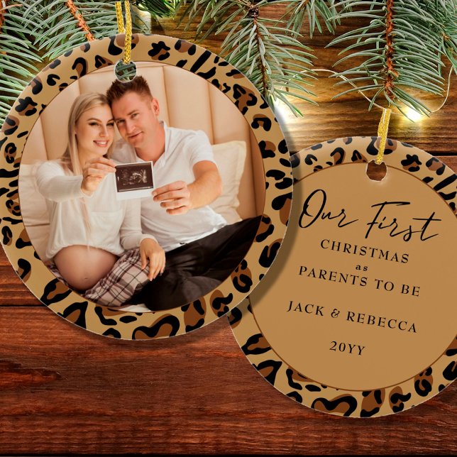  First Christmas Parents to Be Leopard Print Photo Ceramic Tree Decoration (Creator Uploaded)