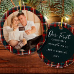First Christmas Parents to Be Tartan Plaid Photo Ceramic Tree Decoration<br><div class="desc">First Christmas photo ornament, which you can personalise for a first christmas as parents to be or any other big event. The design is double sided and features tartan plaid frames with hand lettering. The photo template displays your picture as a round shape and the other side is lettered with...</div>