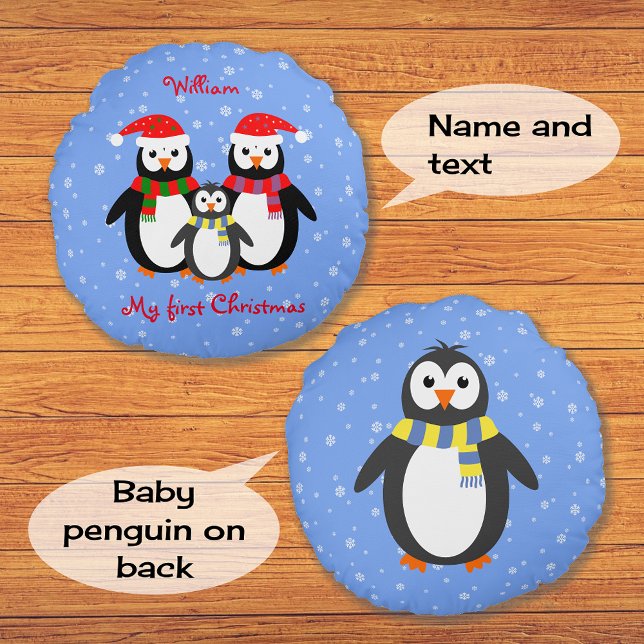 First christmas penguins your text two-sided blue round cushion (Creator Uploaded)