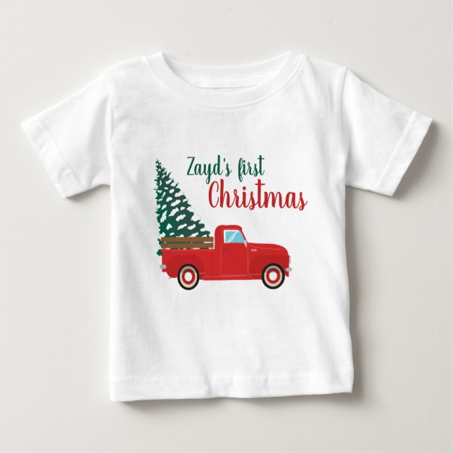 First Christmas Personalise Pickup Truck Baby T-Shirt (Front)