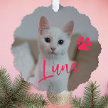 First Christmas pet cat photo name paw custom<br><div class="desc">Modern add your pet name pink script and paw print First Christmas keepsake tree ornament card.</div>
