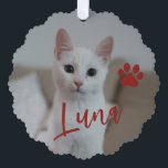First Christmas pet cat photo name paw custom red Tree Decoration Card<br><div class="desc">Modern add your pet name dark red burgundy script and paw print First Christmas keepsake tree ornament card.</div>