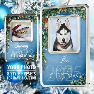 First Christmas Pet Photo Keepsake, Azure Decor - Silver Plated Framed Ornament