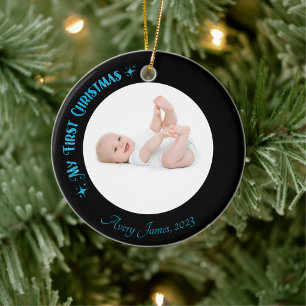 First Christmas Photo Name Custom Modern Black  Ceramic Tree Decoration