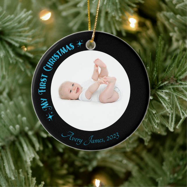 First Christmas Photo Name Custom Modern Black  Ceramic Tree Decoration (Creator Uploaded)