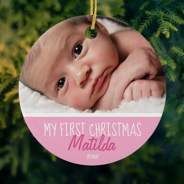 First Christmas Photo Pink Ceramic Tree Decoration (Creator Uploaded)