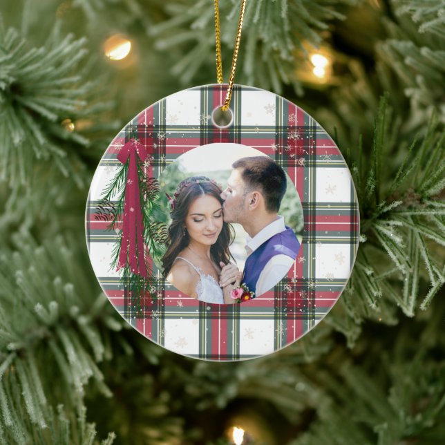 First Christmas Photo Red Plaid Personalised Ceramic Tree Decoration (Tree)