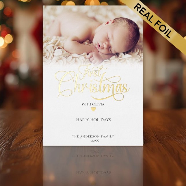 First Christmas Photo Script Heart  (First Christmas Photo Script Heart Foil Holiday Card)