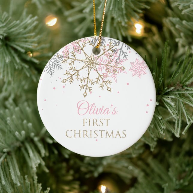 First Christmas Pink and Gold Glitter Snowflake Ceramic Tree Decoration (Tree)