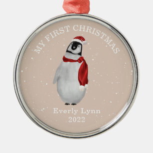 First Christmas Pink Baby Girl Penguin Snow Metal Tree Decoration