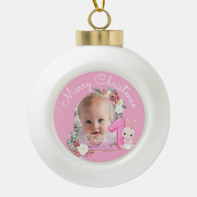 First Christmas Pink Baby Girl Photo floral Ceramic Ball Christmas Ornament (Front)