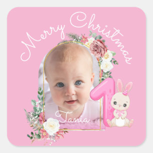 First Christmas Pink Baby Girl Photo floral Square Sticker