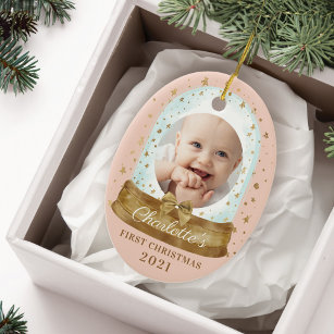 First Christmas Pink Baby Photo & Name Snow Globe Ceramic Tree Decoration