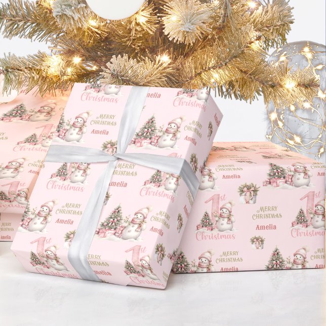 First Christmas Pink Vintage Snowman Girl Name Wrapping Paper (First Christmas Pink Vintage Snowman Girl Name Wrapping Paper)