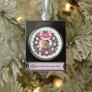 First Christmas Pink Wreath Silver Plated Banner Ornament