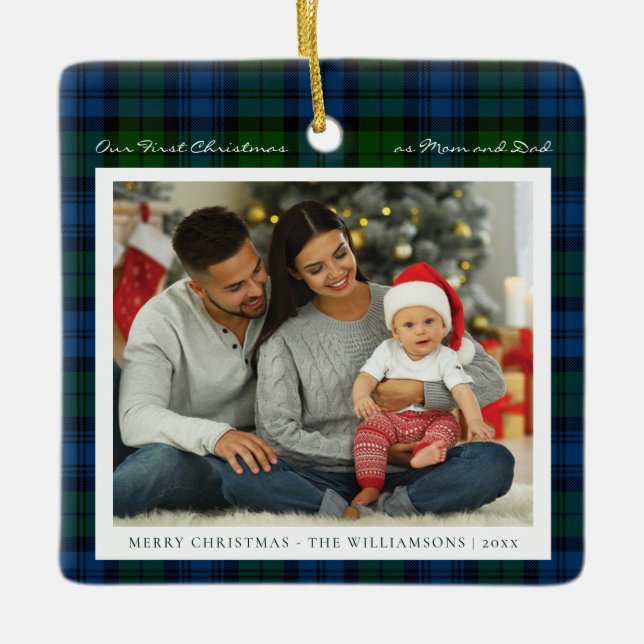 First Christmas Plaid Family Photo Campbell Tartan Ceramic Ornament (Front)