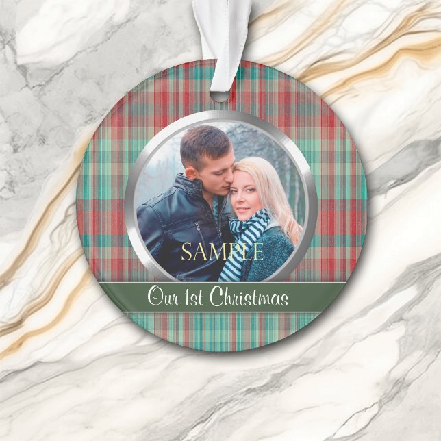 First Christmas Plaid Photo Template Ornament (Creator Uploaded)