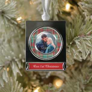 First Christmas Plaid Silver Plated Banner Ornament