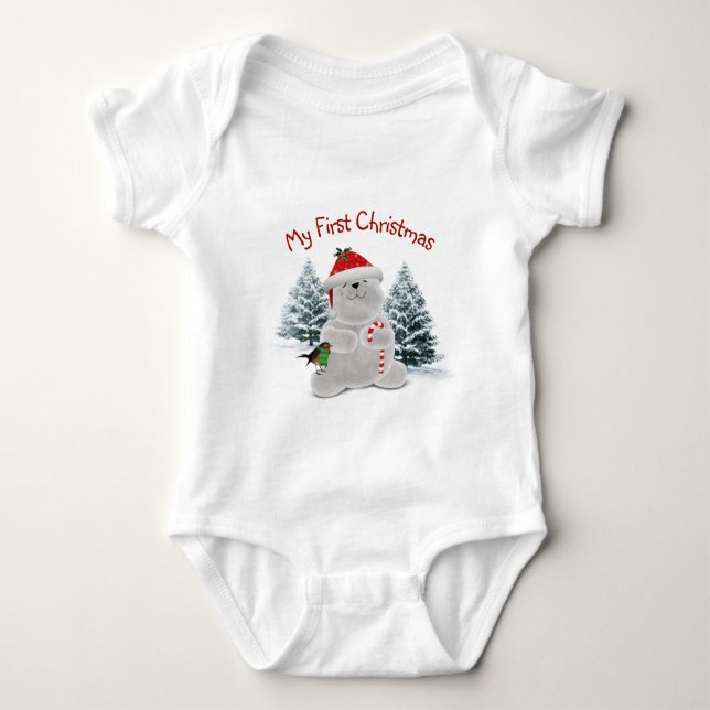 First Christmas Polar Bear and Bird Baby Bodysuit (Front)
