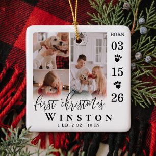 First Christmas Puppy Birth Stats Photo Collage Ceramic Ornament