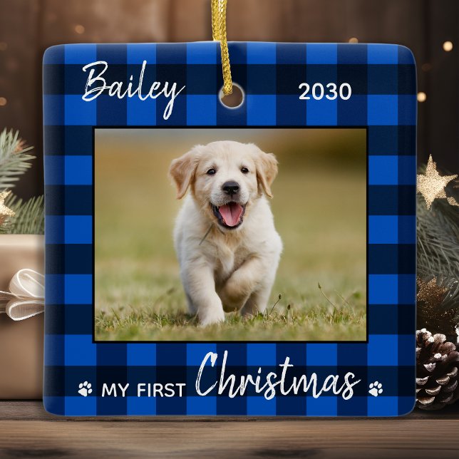 First Christmas Puppy Blue Plaid Dog Pet Photo Ceramic Ornament (Creator Uploaded)