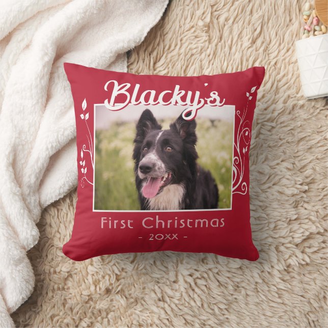 First Christmas Puppy Photo Foliage Red  Cushion (Blanket)