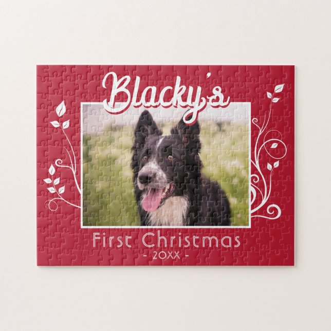 First Christmas Puppy Photo Foliage Red Jigsaw Puzzle (Horizontal)