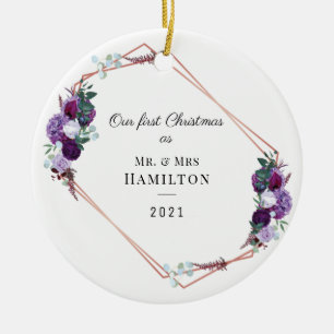 First Christmas Purple Floral Geometric Frame Ceramic Tree Decoration