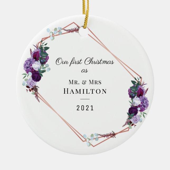 First Christmas Purple Floral Geometric Frame Ceramic Tree Decoration (Front)