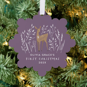 First Christmas purple reindeers elegant 1 photo Tree Decoration Card