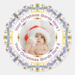 First Christmas Purple Yellow Family Photo Gift Classic Round Sticker