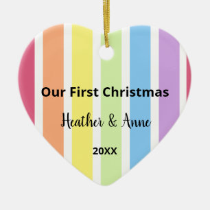 First Christmas Rainbow White Stripes Pastel Ceramic Tree Decoration