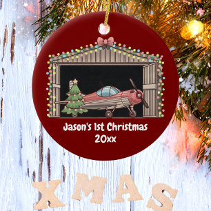 First Christmas Red Aeroplane Tree Hangar Pilot Bo Ceramic Tree Decoration