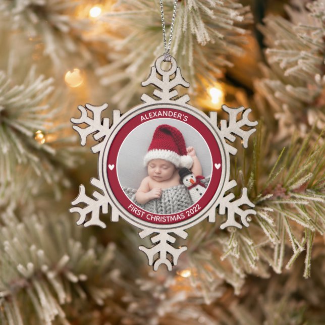 First Christmas Red Baby Photo Personalised Snowflake Pewter Christmas Ornament (Tree)