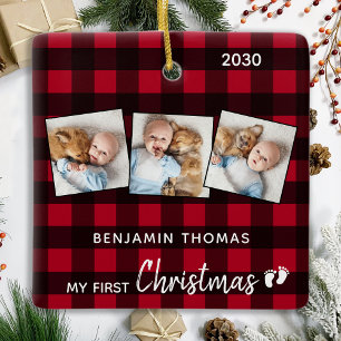 First Christmas Red Buffalo Plaid 3 Photo Baby Ceramic Ornament
