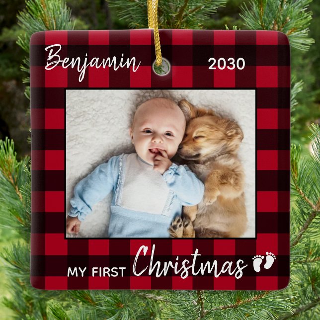 First Christmas Red Buffalo Plaid Cute Baby Photo Ceramic Ornament (Creator Uploaded)