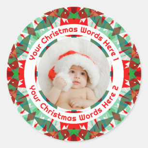 First Christmas Red Green Family Photo Envelope Classic Round Sticker