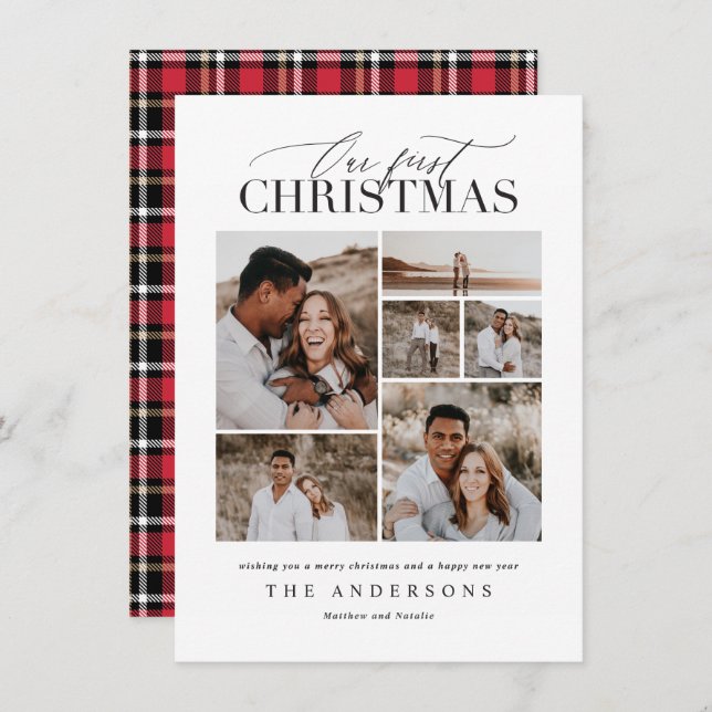 First Christmas red plaid photo collage modern Thank You Card (Front/Back)