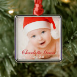 First Christmas Red Script Monogram Baby Photo Metal Tree Decoration<br><div class="desc">Personalize this baby's first Christmas holiday ornament with a photo,  their first and middle names,  and their birth year.  Use "Customize it" to change the red and white text colors,  fonts,  and position.</div>