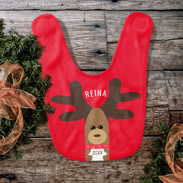 First Christmas Reindeer Boy Red Holiday Baby Bib