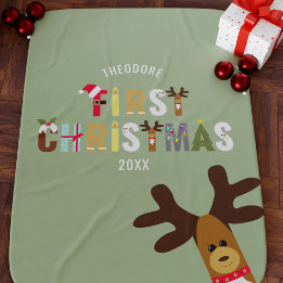 First Christmas Reindeer Woodland Green Baby Blanket